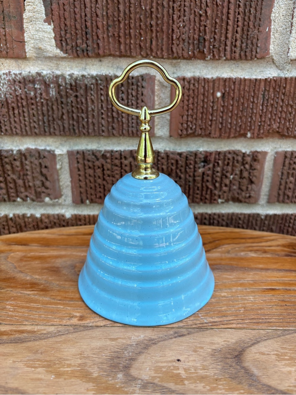 Vintage Beehive shaped clay blue bell Gold colored handle